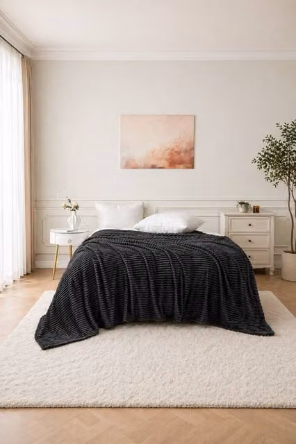 Dyzi Large Supersoft Ribbed Jacquard Fleece Throw Blanket in Charcoal Grey, W: 200 cm, D: 240 cm