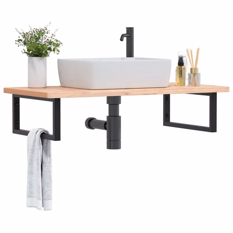 Berkfield Home Elegant Wall Mounted Industrial Basin Shelf in Brown Steel and Solid Beech Wood