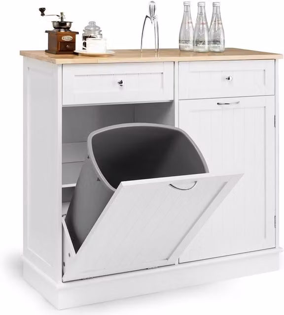 Costway White Tilt-out Trash Cabinet Sideboard in Rubberwood