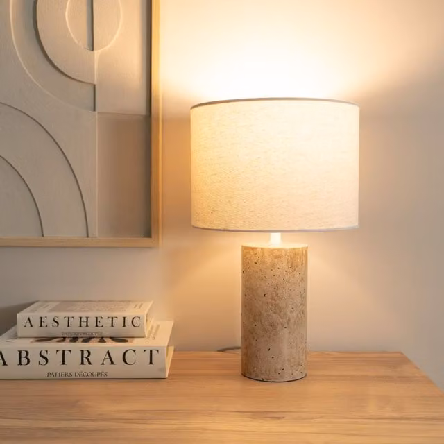 ValueLights Cloe Pair of Beige Marble Effect Table Lamps with Cylinder Fabric Shades