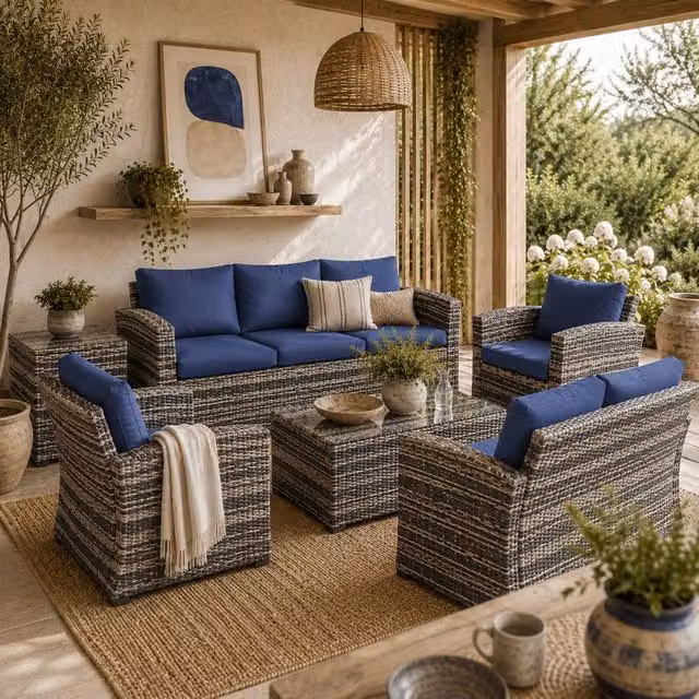 Wyld Haus Resuno 7 Seater Rattan Outdoor Sofa Set with Storage in Grey and Blue – 1