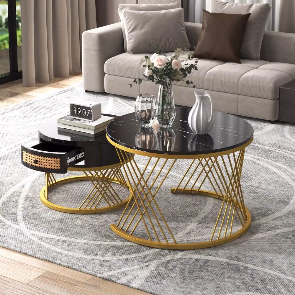 Merax 2 Piece Round Marble Effect Coffee Table Set with Drawer in Black and Gold – 2