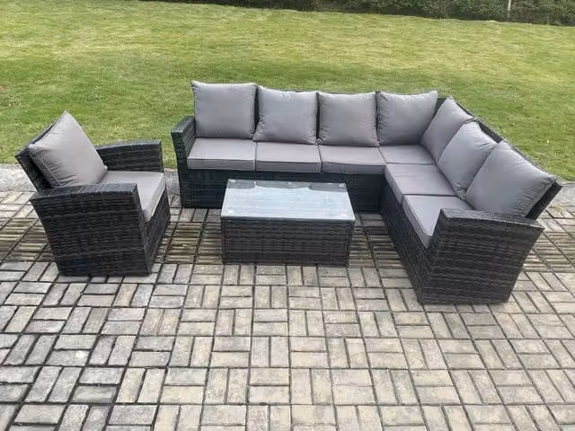 Fimous 4 Piece Rattan Garden Furniture Set with Rectangular Coffee Table in Dark Grey