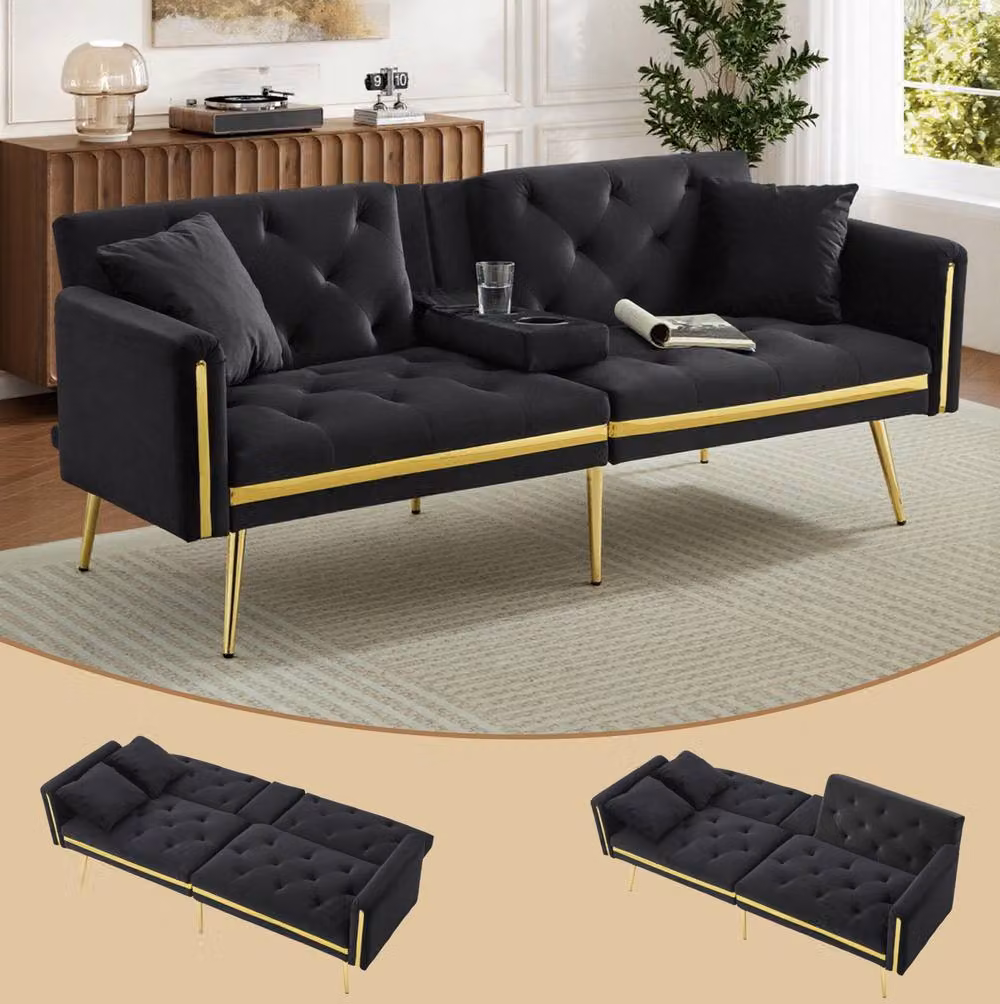 STILVORA 2-Seater Velvet Sofa Bed in Black with Adjustable Headrest and Cup Holders – 4