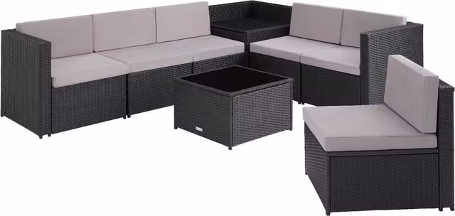 tectake Verona 6-Seater Garden Corner Set with Table in Black and Grey Rattan and Glass