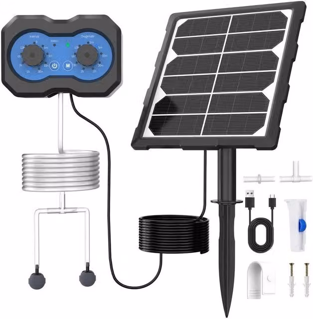 FLAVORA 3W Solar Air Pond Pump with Timer and Airstones, Black