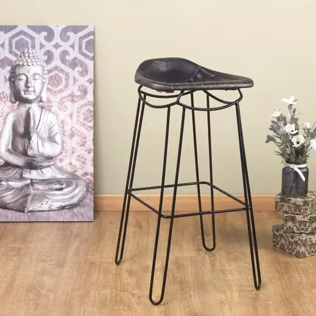 FWStyle Rustic Handmade Black Genuine Leather Artisan Bar Stool with Metal Frame