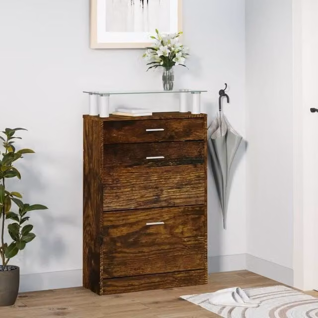 Berkfield Home Modern Smoked Oak Shoe Cabinet in Brown, W/D/H: 63 x 24 x 104 cm – 1