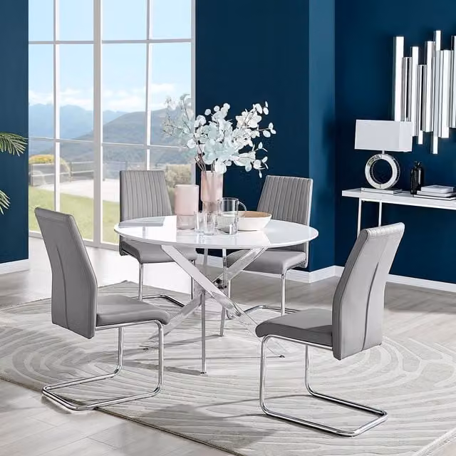 FurnitureboxUK Novara White High Gloss Round Dining Table with 4 Lorenzo Chairs in Grey and Silver