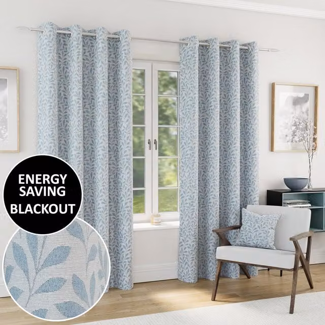 Enhanced Living Sherwood Blackout Jacquard Leaf Eyelet Curtains, Blue, Width: 117 cm, Height: 183 cm