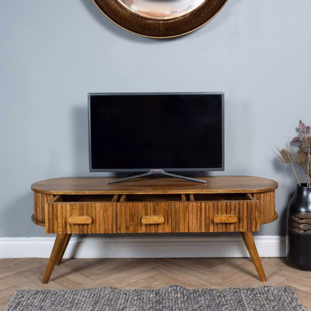 Elm Home And Garden Solid Mango Wood Large TV Media Unit with 3 Drawers in Brown and Beige, W: 130.0 cm, D: 39.0 cm, H: 50.0 cm – 2
