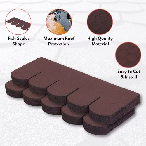 NOVECRAFTO Brown Fish Scales Design Premium Asphalt Roof Shingles, 25 Pieces Covering 3 sqm, W/H: 80 x 31.5 cm – 2