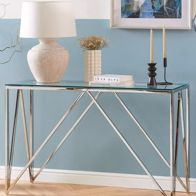 Wyld and Coco Silver Tempered Glass Rectangular Console Table with Stainless Steel X-Frame, W: 120 cm, D: 40 cm – 1