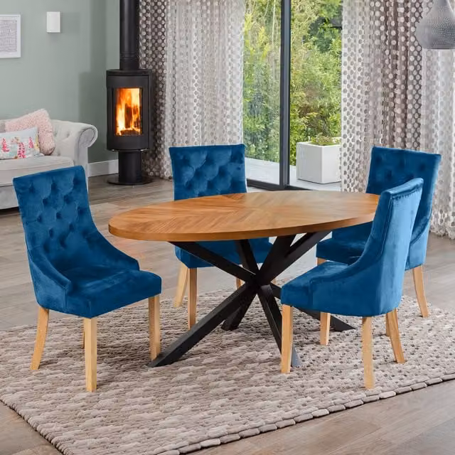 Artemis Home Oval Dining Table and 4 Blue Velvet Chairs Set