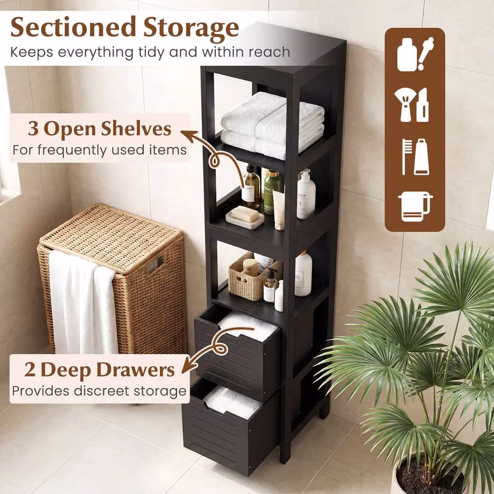 Costway Black Narrow Freestanding Bathroom Storage Cabinet with 2 Drawers and 3 Shelves – 4