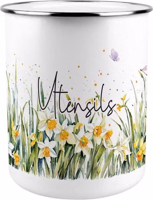 Purely Home Spring Daffodils Freestanding Metal Kitchen Utensil Holder in Yellow and White