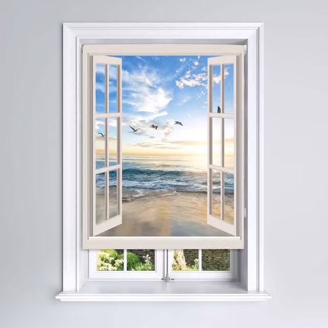 Lister Cartwright Window Beach View Scenic Design Blackout Roller Blinds, Multicolour, W: 120 cm, H: 160 cm