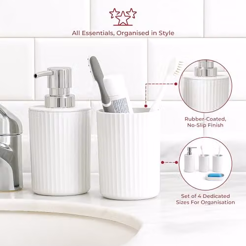 Novel Solutions 4-Piece Ceramic Bathroom Accessories Set in Matt Grey and White Finish, including Soap Dispenser, Soap Dish, Tumbler and Toothbrush Holder