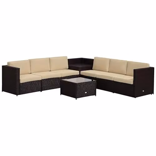Outsunny 8 Piece L-Shape Rattan Garden Furniture Set with Cushions, Brown – 1
