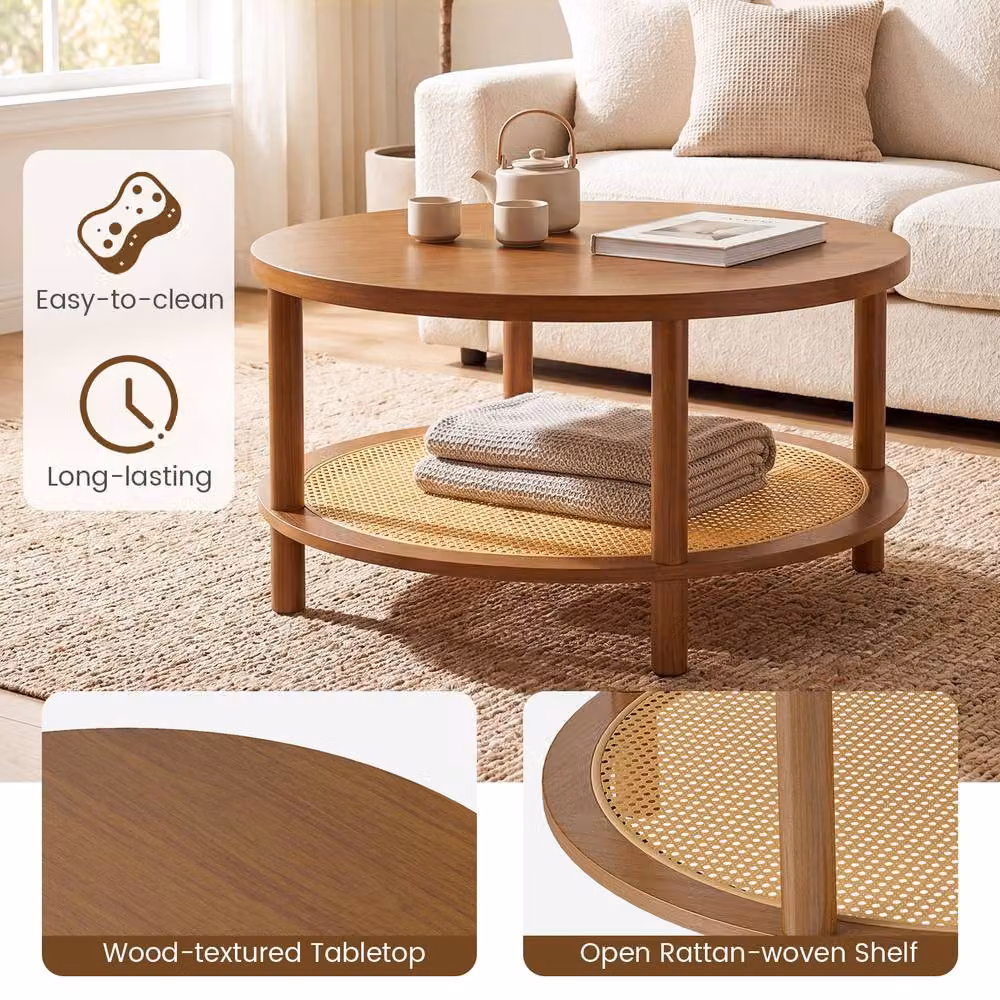Costway 2-Tier Round Rattan Coffee Table with Rubberwood Top in Brown – 7