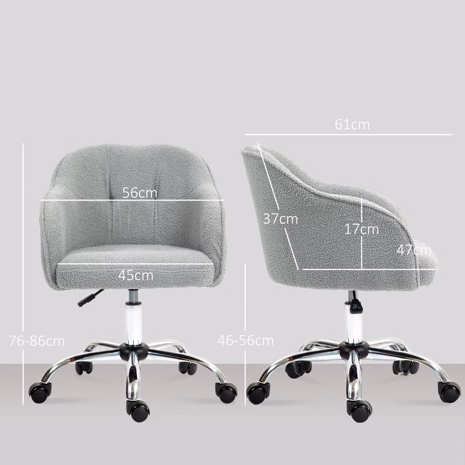 HOMCOM Grey Teddy Fleece Swivel Armchair with Tall Back and Height Adjustable Task Chair for Home Study or Makeup Vanity – 3