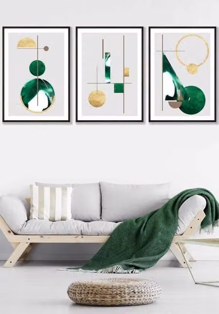 ARTZE Abstract Geometric Textured Wall Art in Green, Gold and Black, W: 53 cm, H: 73 cm, D: 2 cm