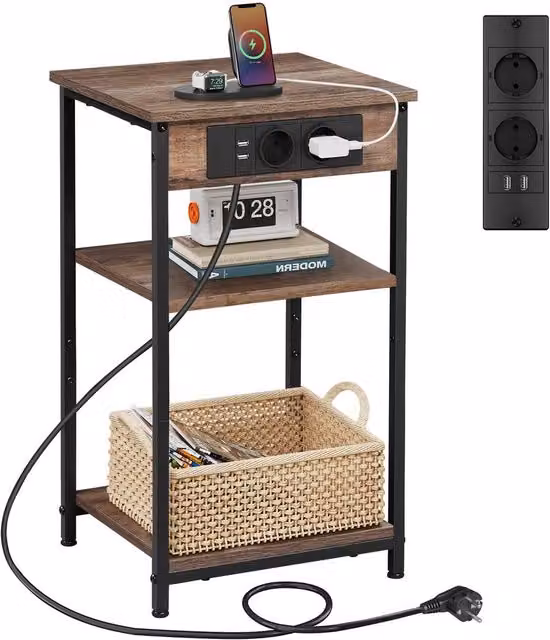 Rolipo 3-Tier Modern Side Table with Charging Station in Brown, W/D/H: 30 x 30 x 58 cm