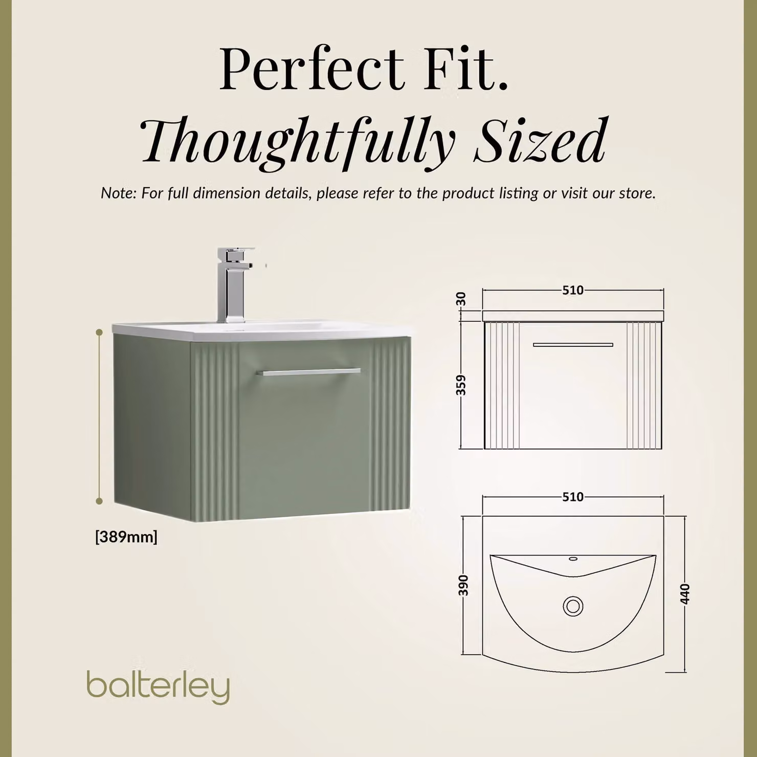 Balterley Wall Hung 1 Drawer Vanity Unit with Curved Basin, Satin Green, Width: 50 cm – 4