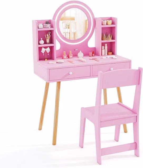 Costway Kids Princess Vanity Desk Set with LED Lighted Mirror in Pink – 1