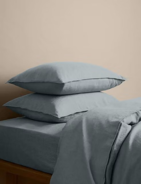 M&S Pure Linen Breathable Duvet Cover Set in Seafoam Green/Blue, 200 x 200 cm