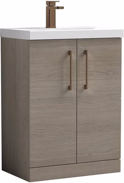 Balterley Solace Oak 2-Door Freestanding Bathroom Floor Vanity and Mid-Edge Basin, Brown, Width: 60 cm