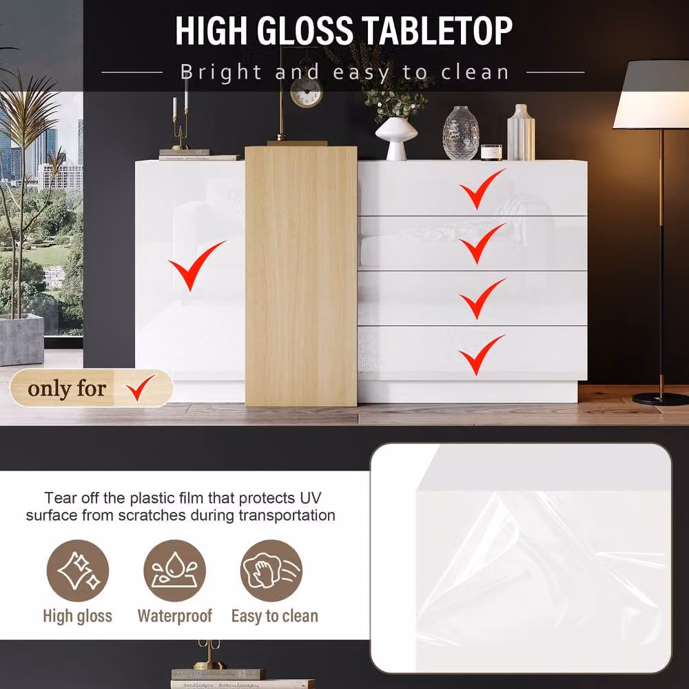 ModernLuxe High Gloss Sideboard Cabinet in White with 4 Drawers and 2 Doors, W: 140 cm, H: 76.5 cm, D: 35 cm – 3