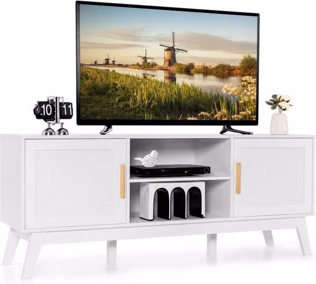 Havendro White Rattan 65 Inch TV Stand with Adjustable Shelf and 2-Door Cabinet – 1