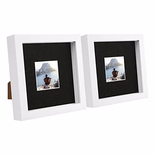 Nicola Spring Pack of 2 White 3D Box Photo Frames with Black Mounts, Hanging or Standing, 17.5 x 17.5 cm – 1