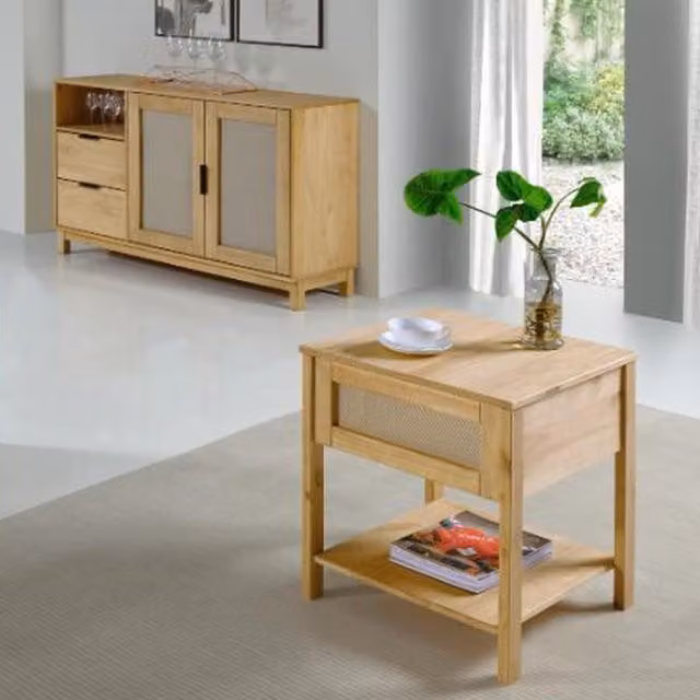 Seconique Corona Rattan Side Table in Distressed Waxed Pine, Brown and Black