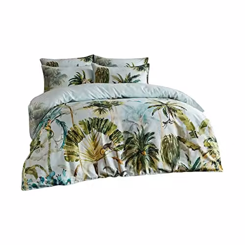 Paoletti Forsteriana Palms Reversible Watercolour Tropical Jungle Floral Duvet Cover Set, Multicolour Blue and Green, W x H: 200 x 200 cm – 3
