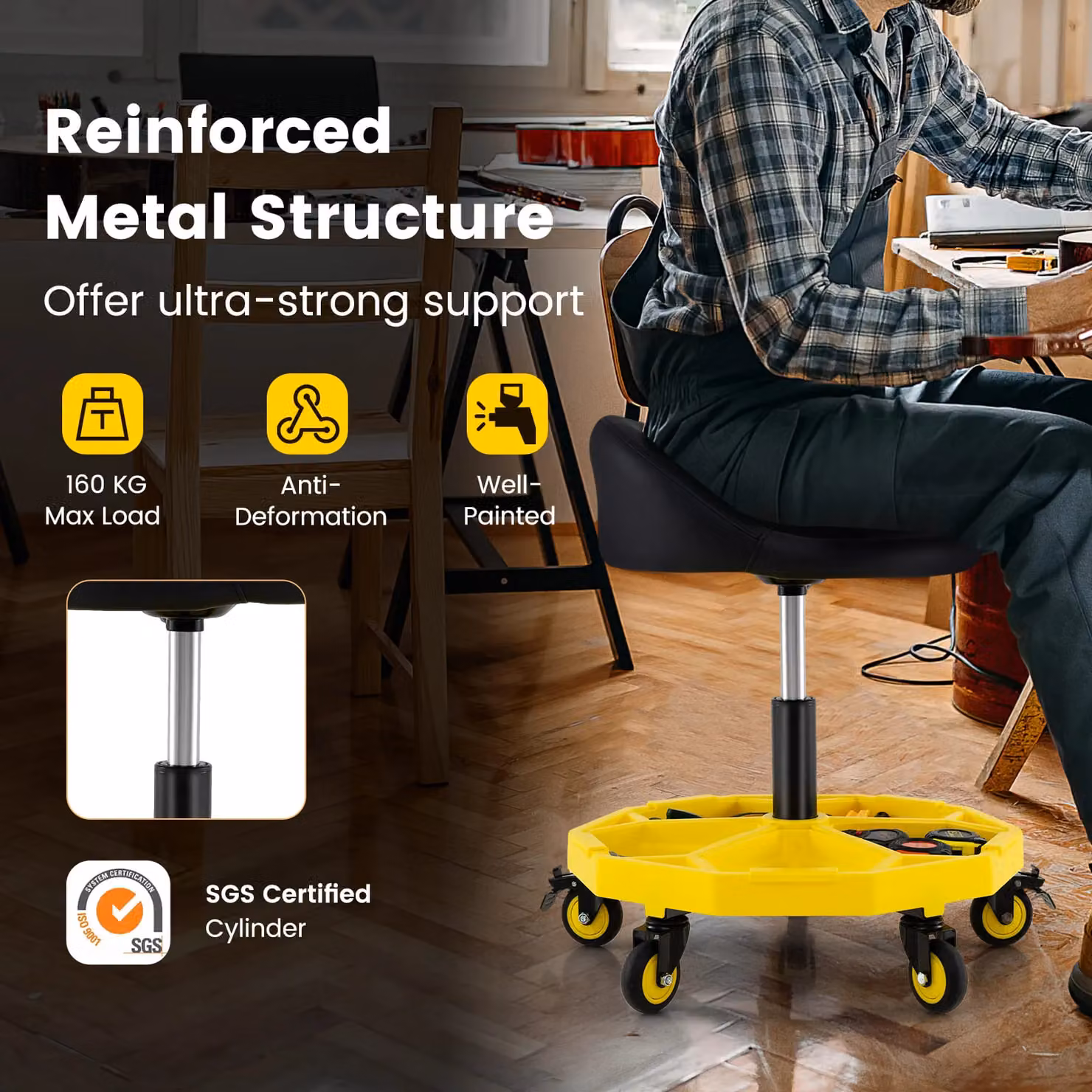 Costway Adjustable Rolling Mechanic Garage Stool in Yellow – 3