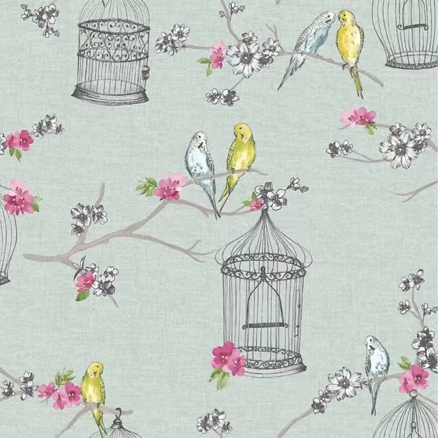 Arthouse Opera Birds Birdcage Floral Flowers Overture Wallpaper in Pink, Turquoise and Multicolour