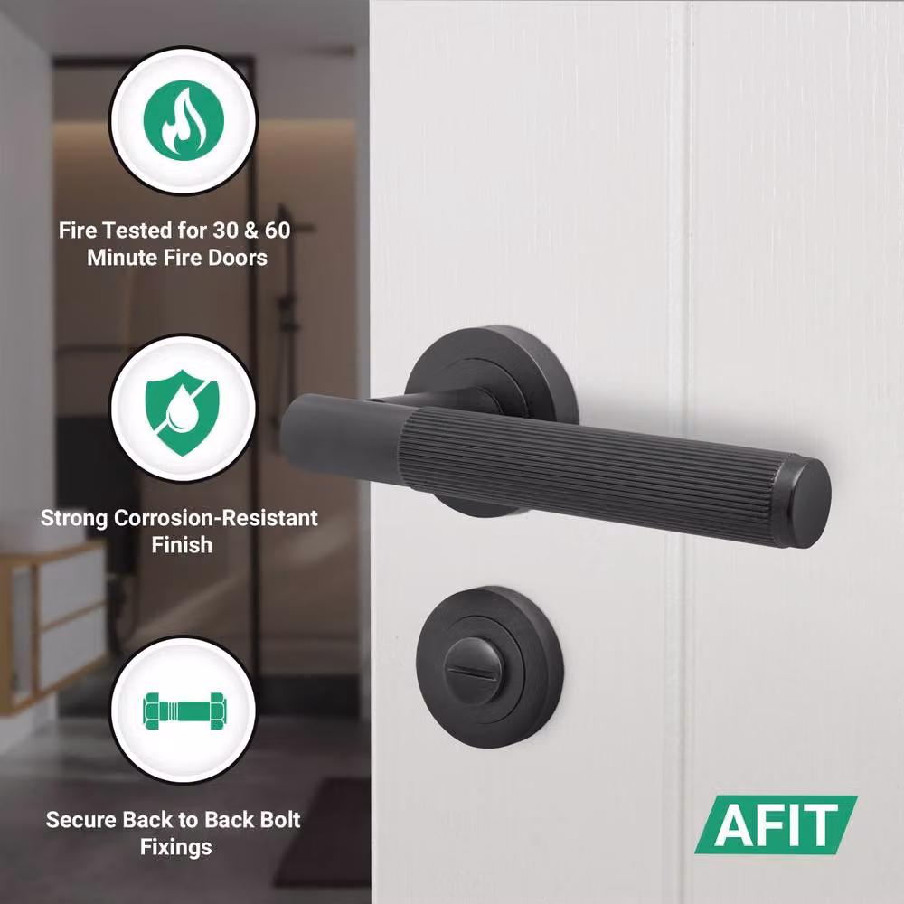 AFIT Matt Black Aluminium Bathroom Door Handle Set with Lock and Hinges – 2