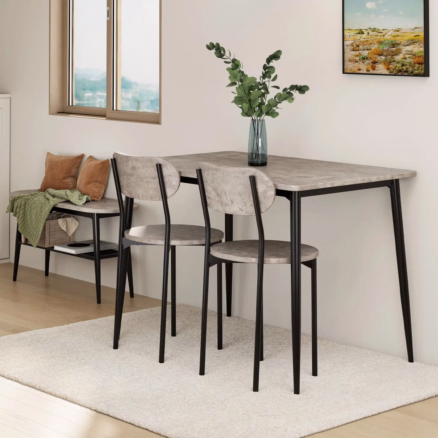 VonHaus Concrete Effect Dining Set with Table, Bench and 4 Chairs in Grey and Black, W/D/H: 110 x 70 x 75 cm – 6