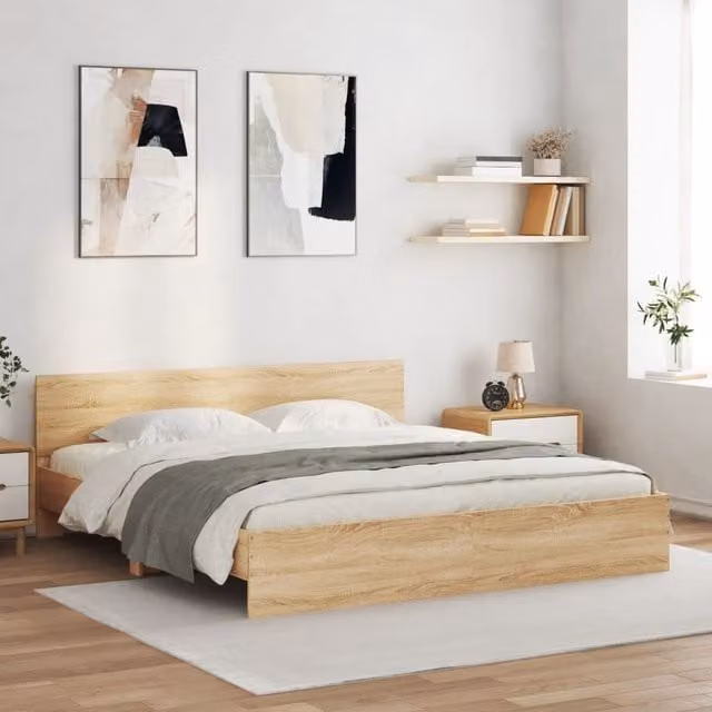 Berkfield Home Modern Bed Frame with LED Under-Bed Lighting and USB Charging Port in Sonoma Oak Brown, W/D/H: 200 x 200 cm