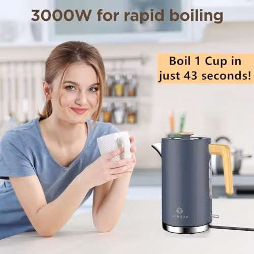 London Boutique Grey Stainless Steel Electric Kettle with Wood Effect, Cordless Fast Boil and Anti-Scale Filter – 2
