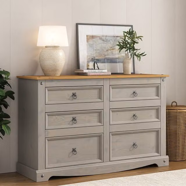 Mews Rustic Waxed Pine 6 Drawer Chest of Drawers in Grey and Black