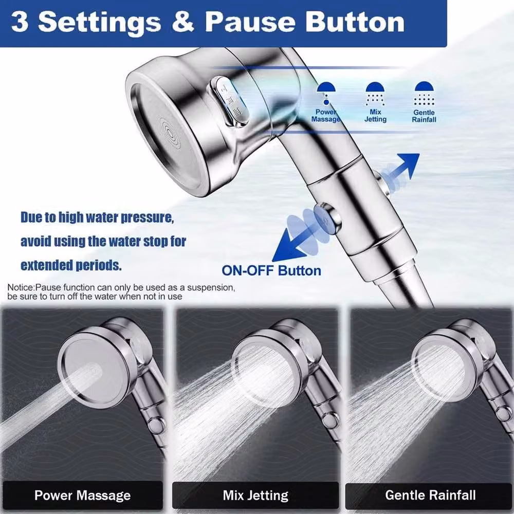 KORVIXA Hand Held Shower Head and Hose Set in Silver and Chrome Stainless Steel – 3