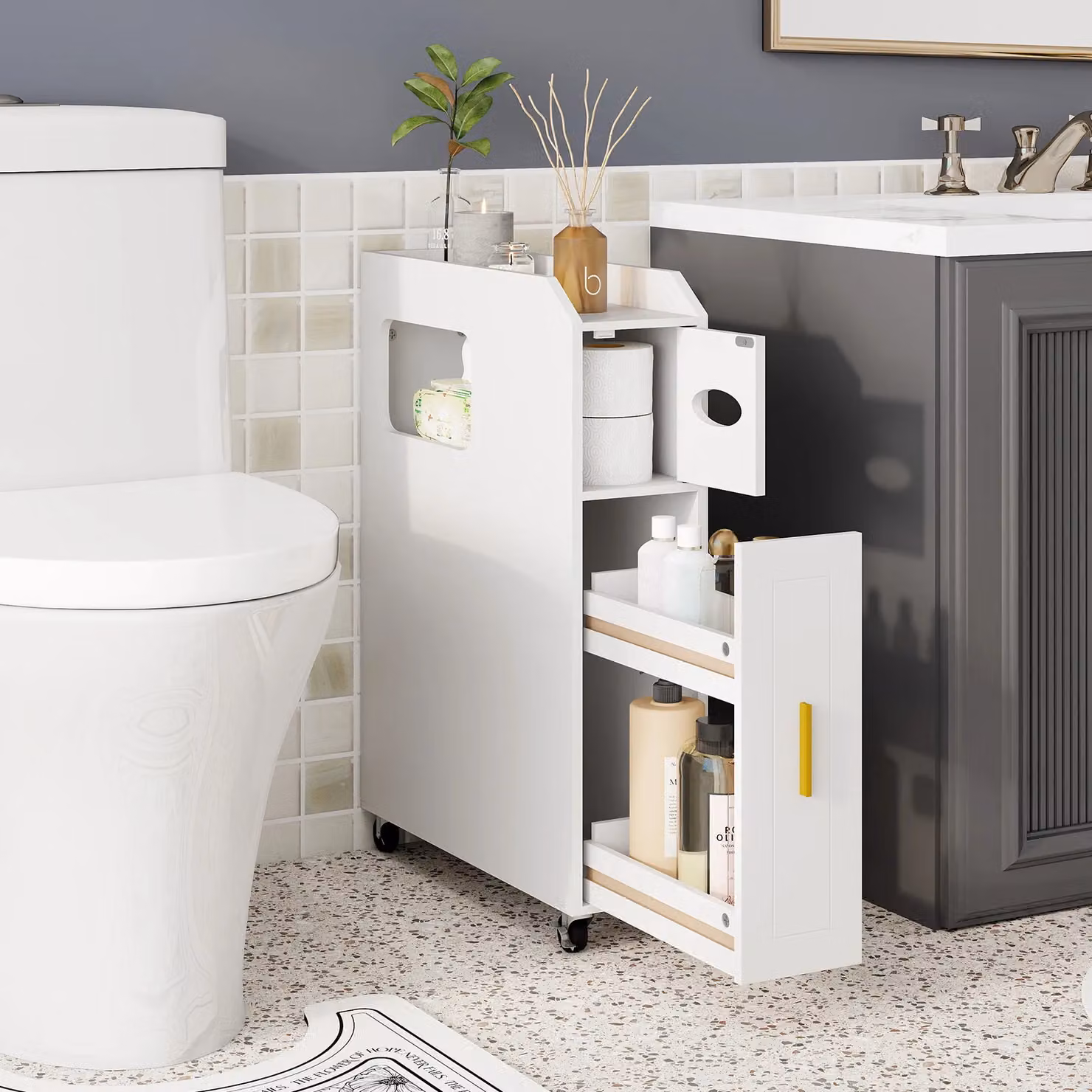 Costway Slim White Bathroom Storage Cabinet with Internal Shelves and Hinged Doors – 4