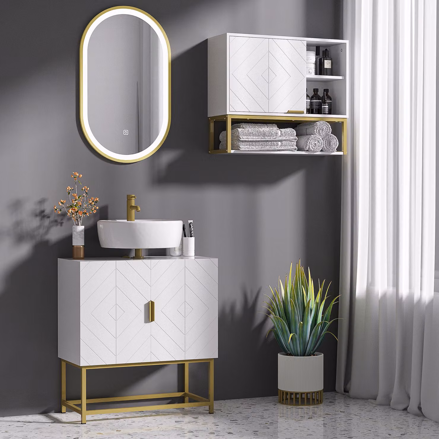 Kleankin Modern White Bathroom Sink Cabinet with Gold Metal Legs and Hinged Doors – 2