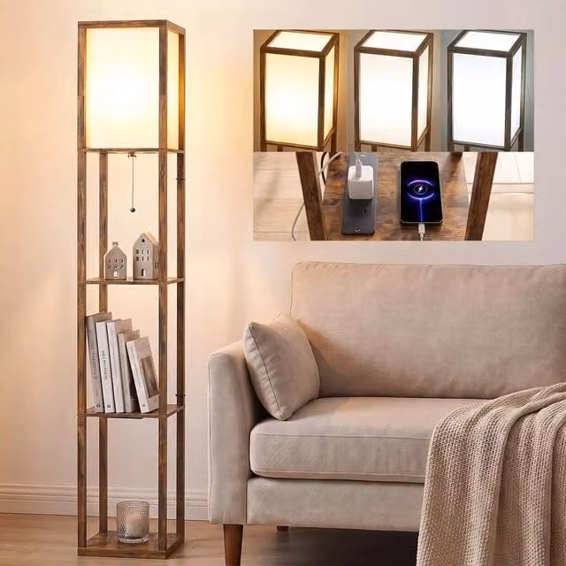 EONLION 4 Layer Brown Wood Column Standing Floor Lamp with USB Ports and Adjustable White Fabric Shade, H 160 x W 26 x D 26 cm – 1
