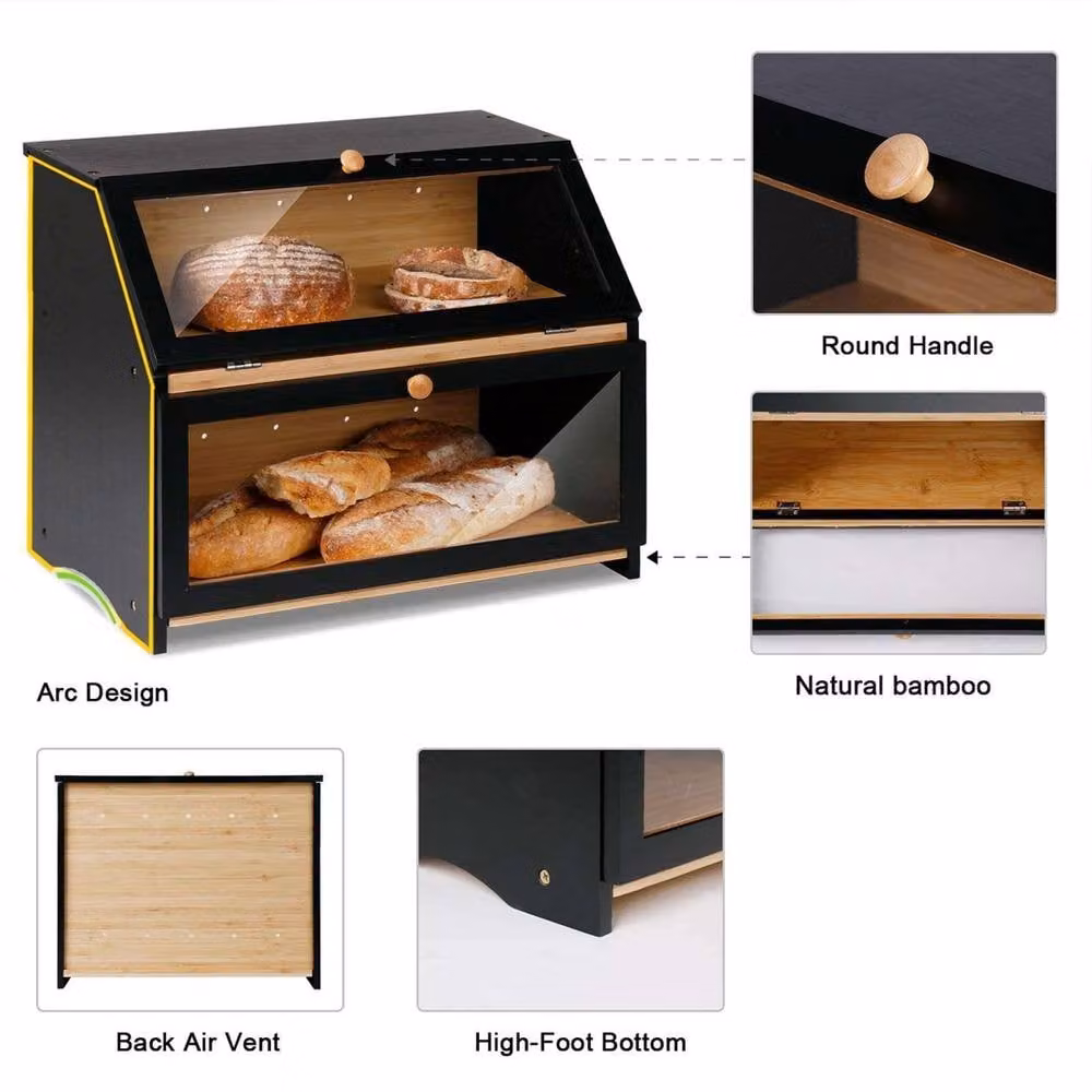 Ventryn 2-Tier Bamboo Bread Box in Black for Kitchen Countertop Loaf Storage – 5