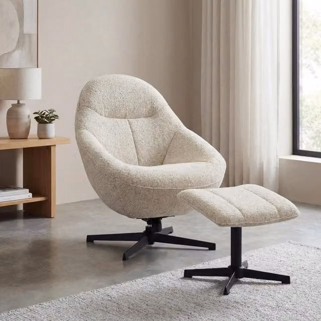 Shankar UK Oslo Swivel Lounge Chair and Matching Footstool in Beige Bouclé Fabric