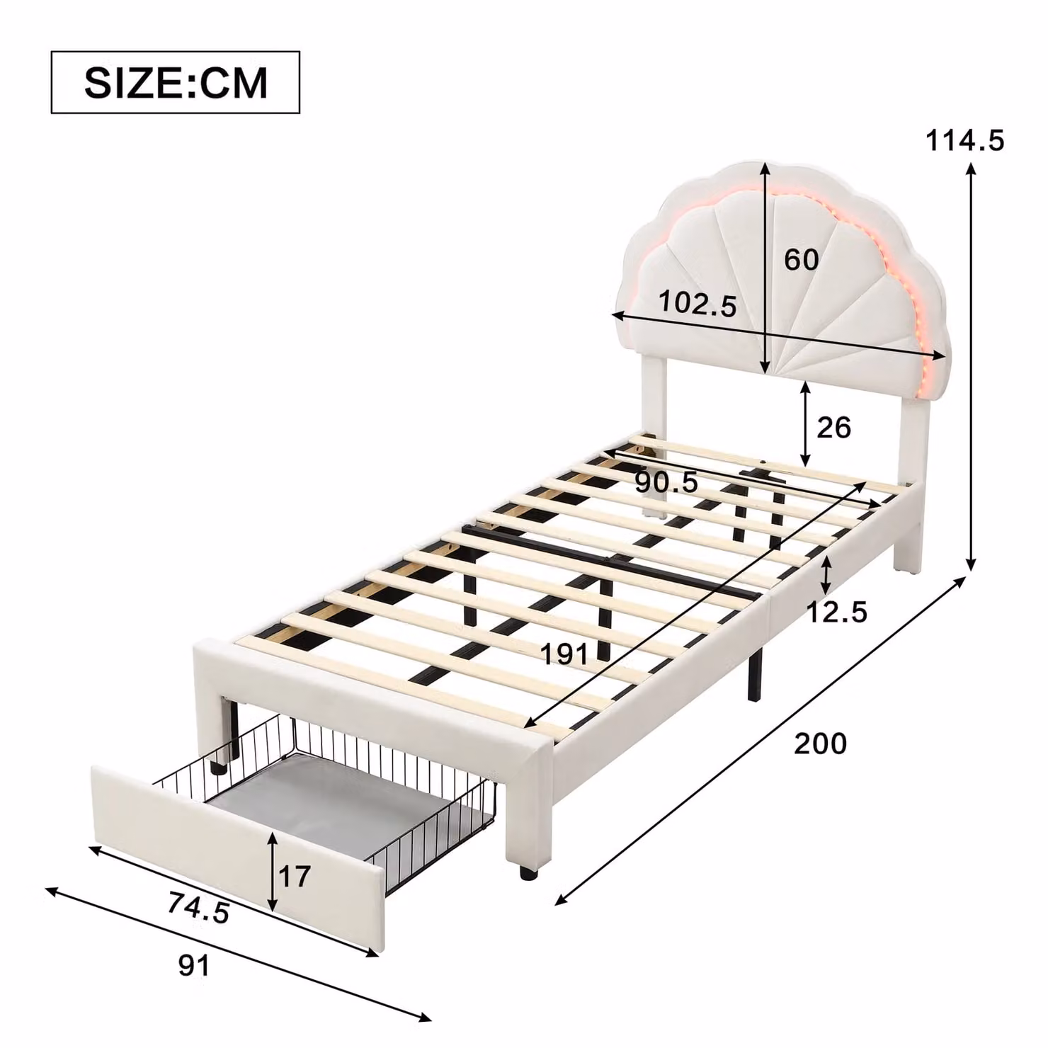 Matteo Upholstered Bed in Beige with Under-Bed Lighting and Drawers, W/D/H: 90 x 190 cm – 2